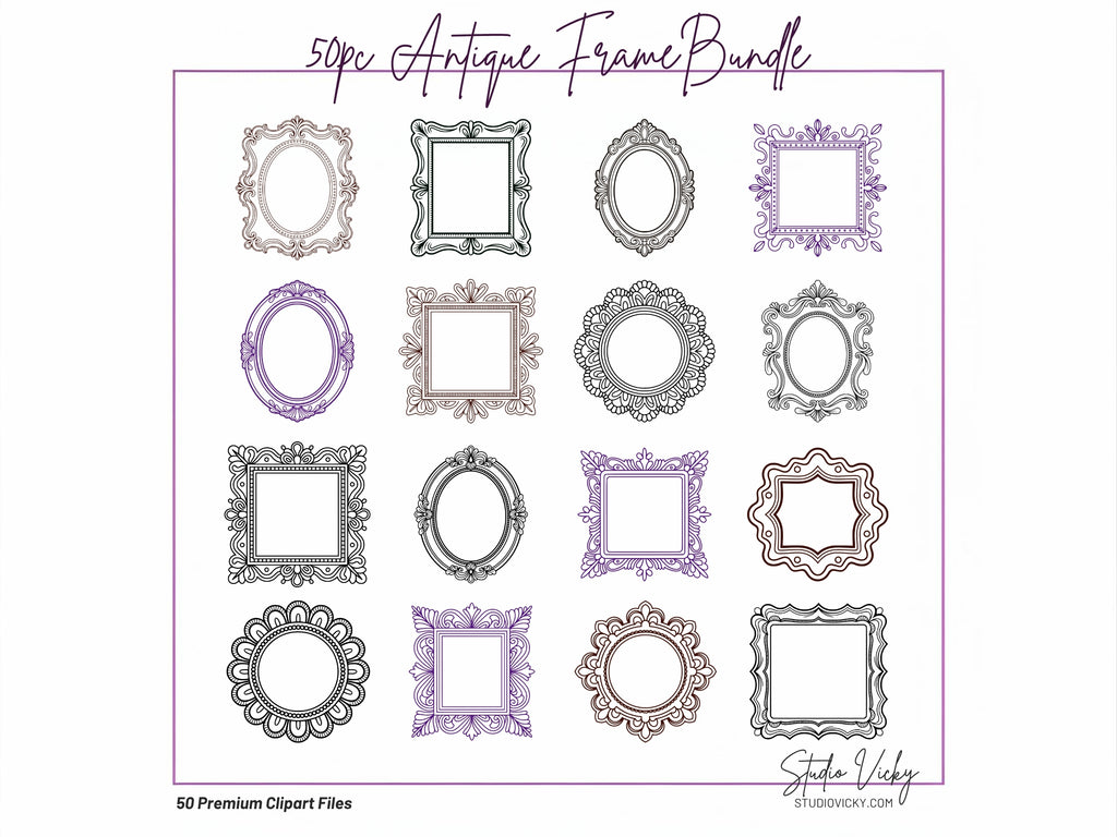 50 Vintage Frame Illustrations, Antique Clipart (png, svg, jpg, pdf)