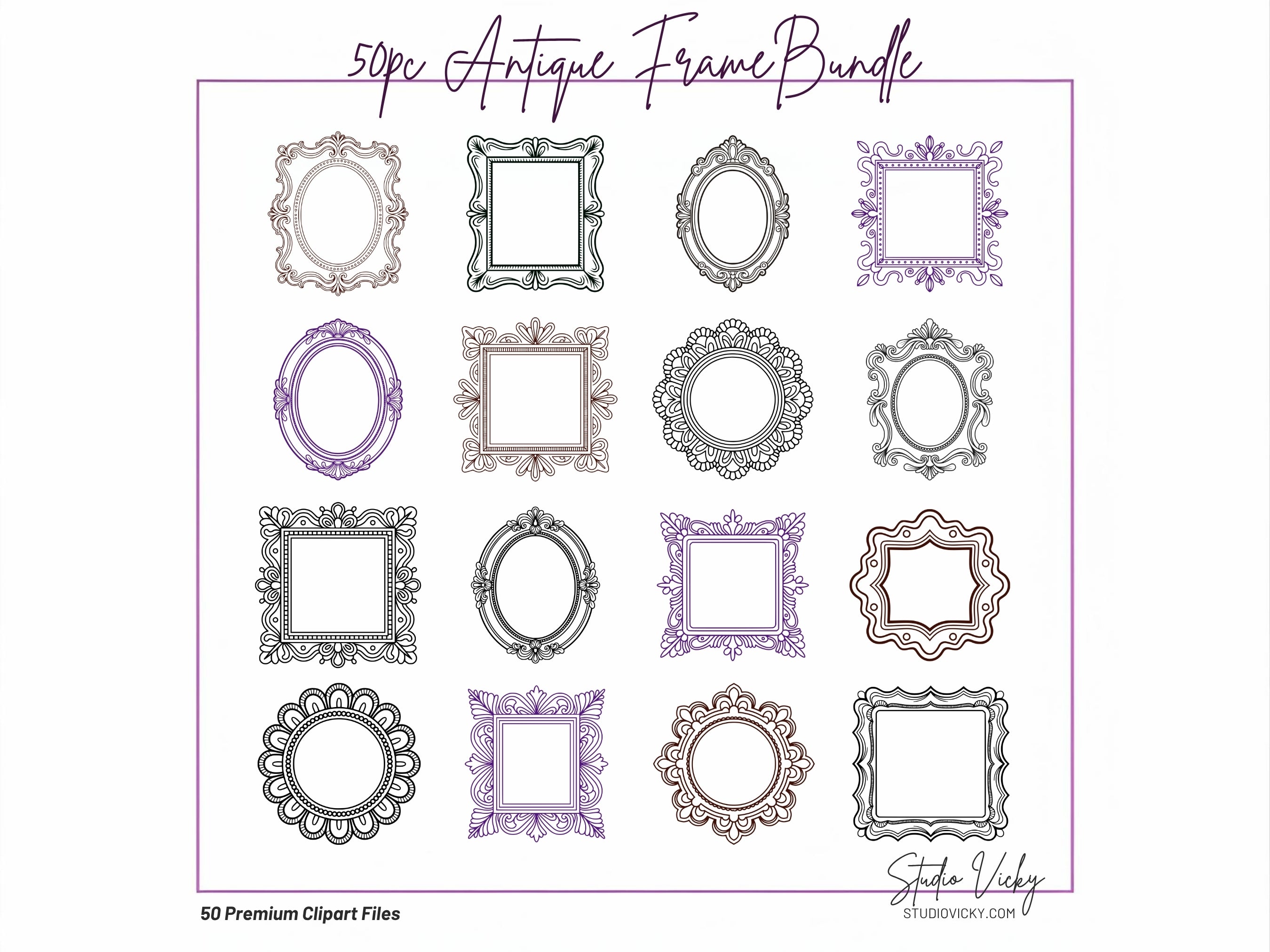 50 Vintage Frame Illustrations, Antique Clipart (png, svg, jpg, pdf)