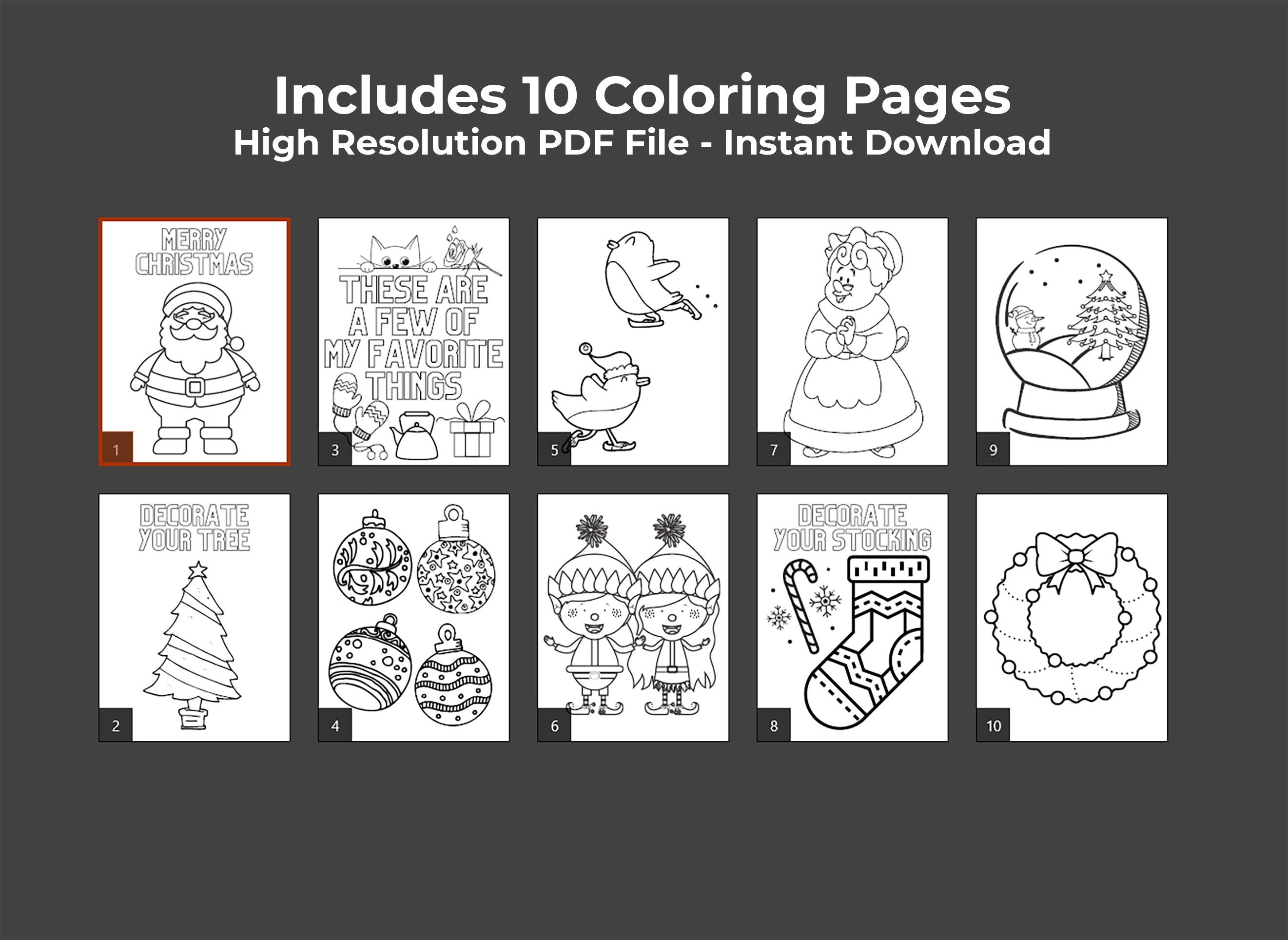 Christmas Coloring Pages for Kids: Santa, Elves, Tree (PDF)