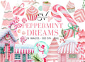 Peppermint Dreams Watercolor Clipart: Christmas Candy Canes, Pink Village (Instant Download)