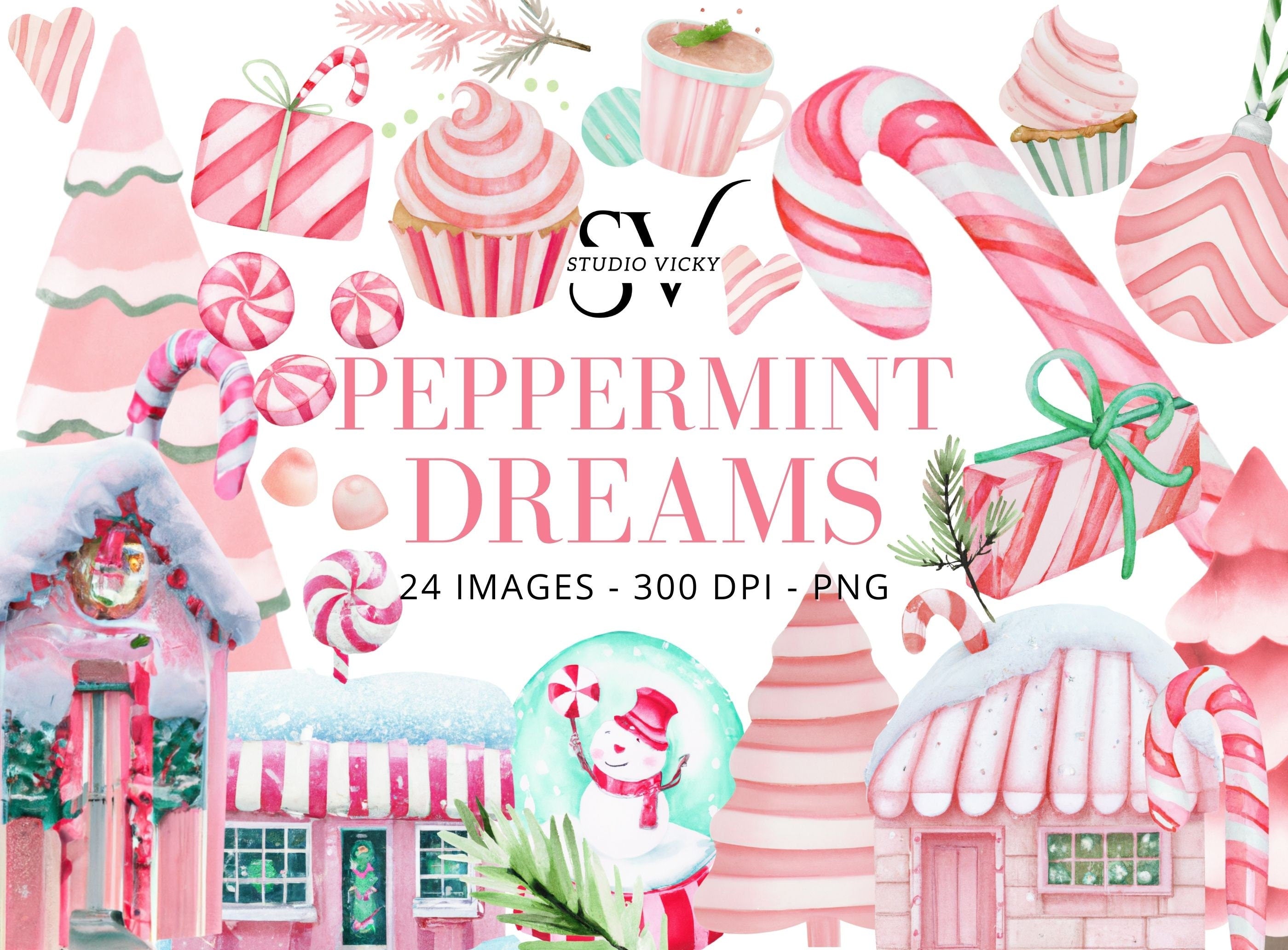 Peppermint Dreams Watercolor Clipart: Christmas Candy Canes, Pink Village (Instant Download)