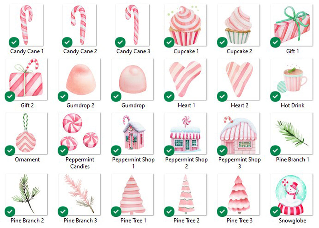 Peppermint Dreams Watercolor Clipart: Christmas Candy Canes, Pink Village (Instant Download)