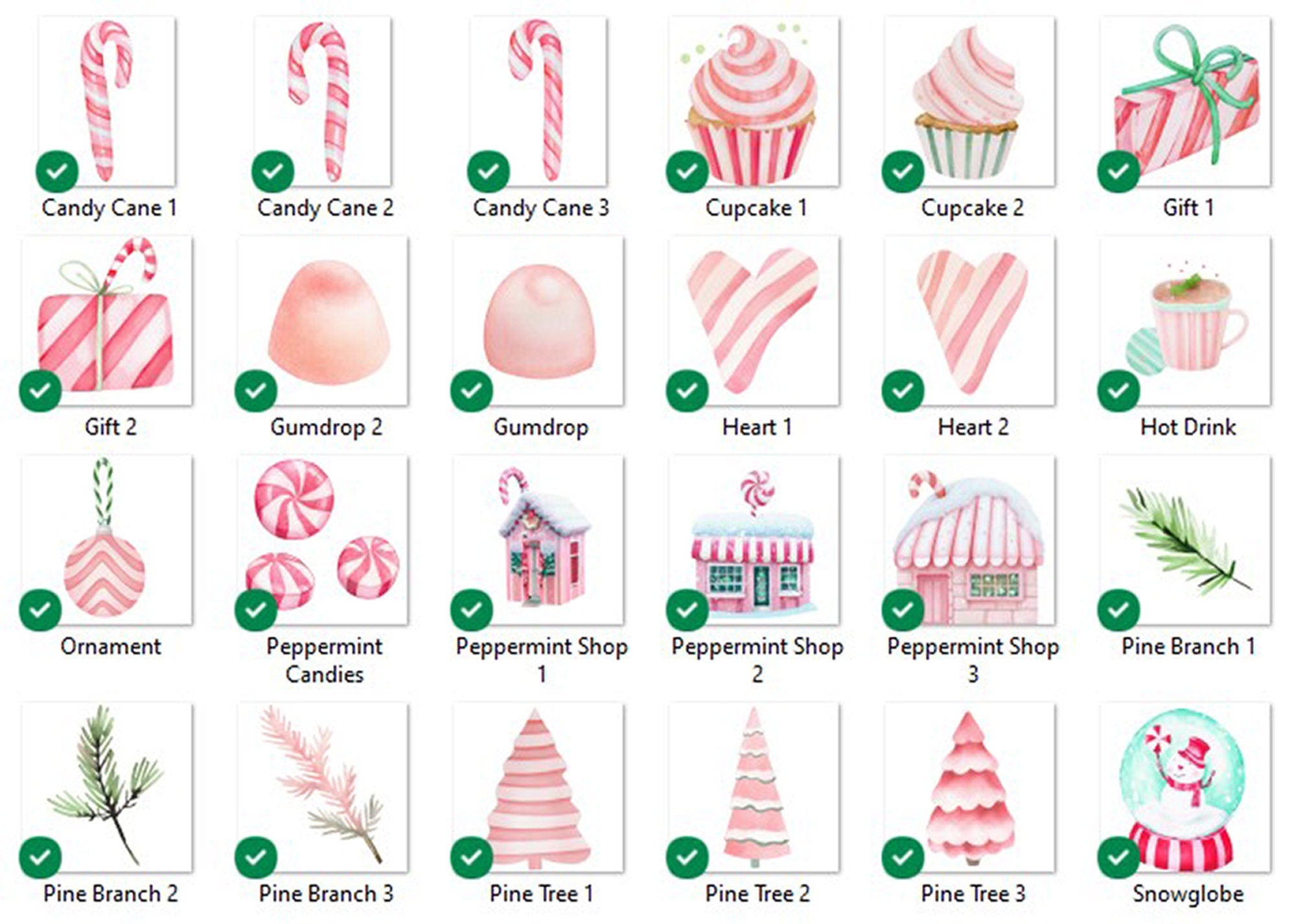 Peppermint Dreams Watercolor Clipart: Christmas Candy Canes, Pink Village (Instant Download)
