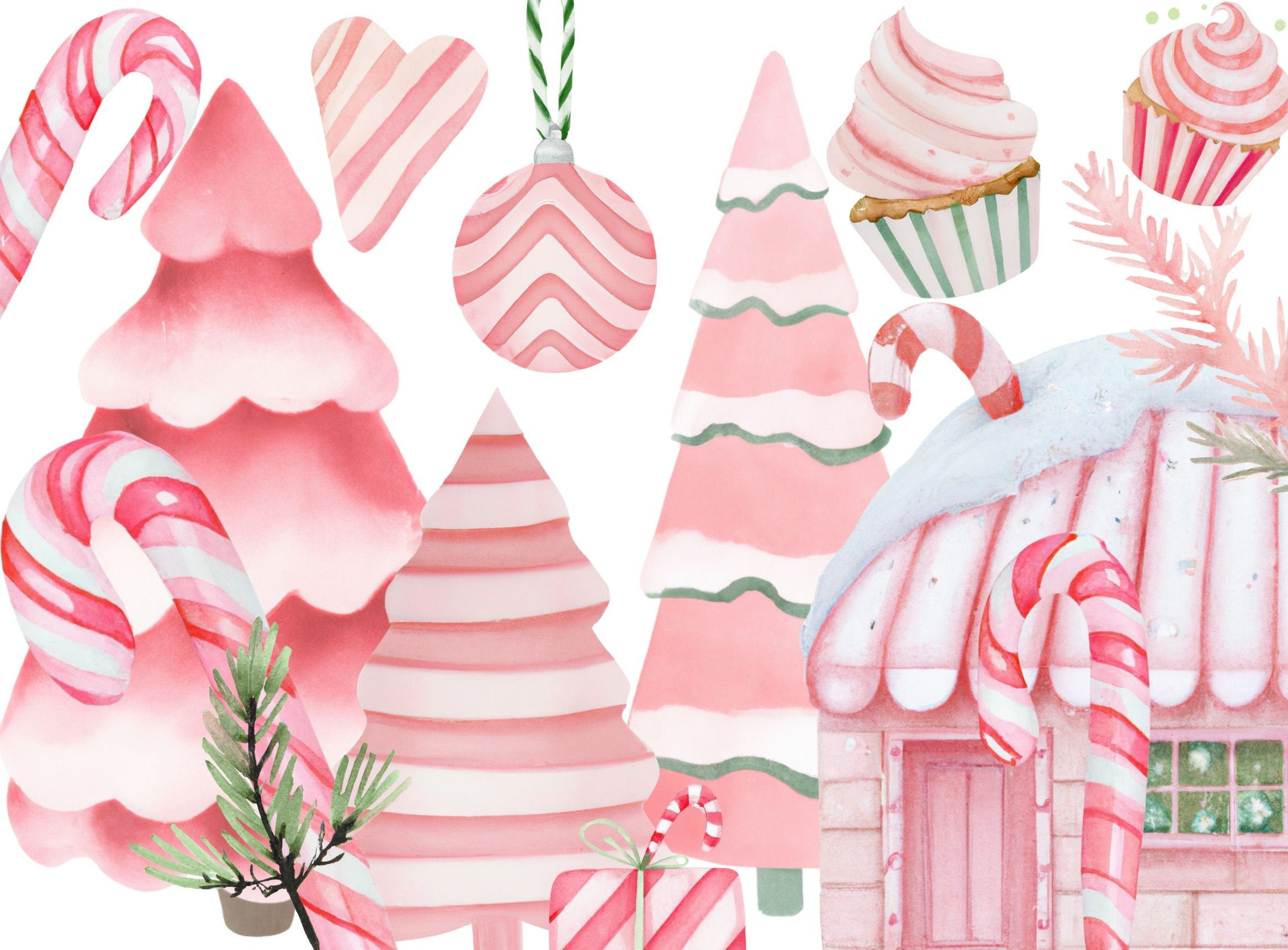 Peppermint Dreams Watercolor Clipart: Christmas Candy Canes, Pink Village (Instant Download)