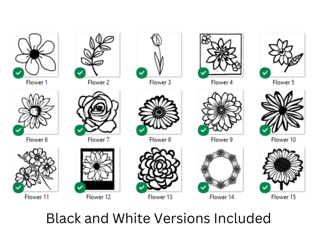 Black and White Flower Clipart Bundle: Hand-Drawn PNG Designs (Digital Download)