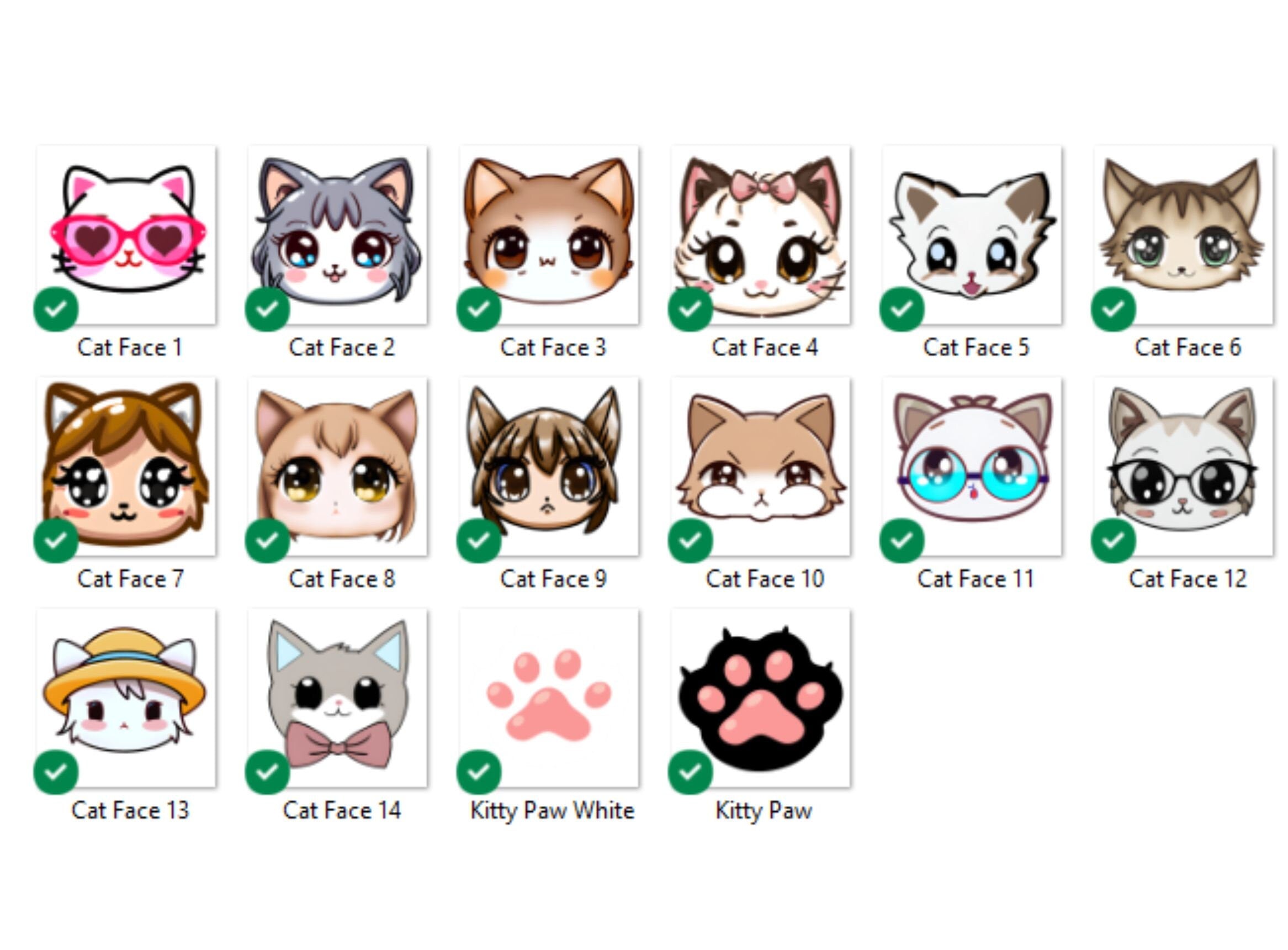 Kawaii Cat Face Clipart Bundle, PNG SVG Designs (Digital Download)
