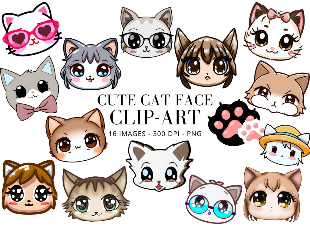 Kawaii Cat Face Clipart Bundle, PNG SVG Designs (Digital Download)