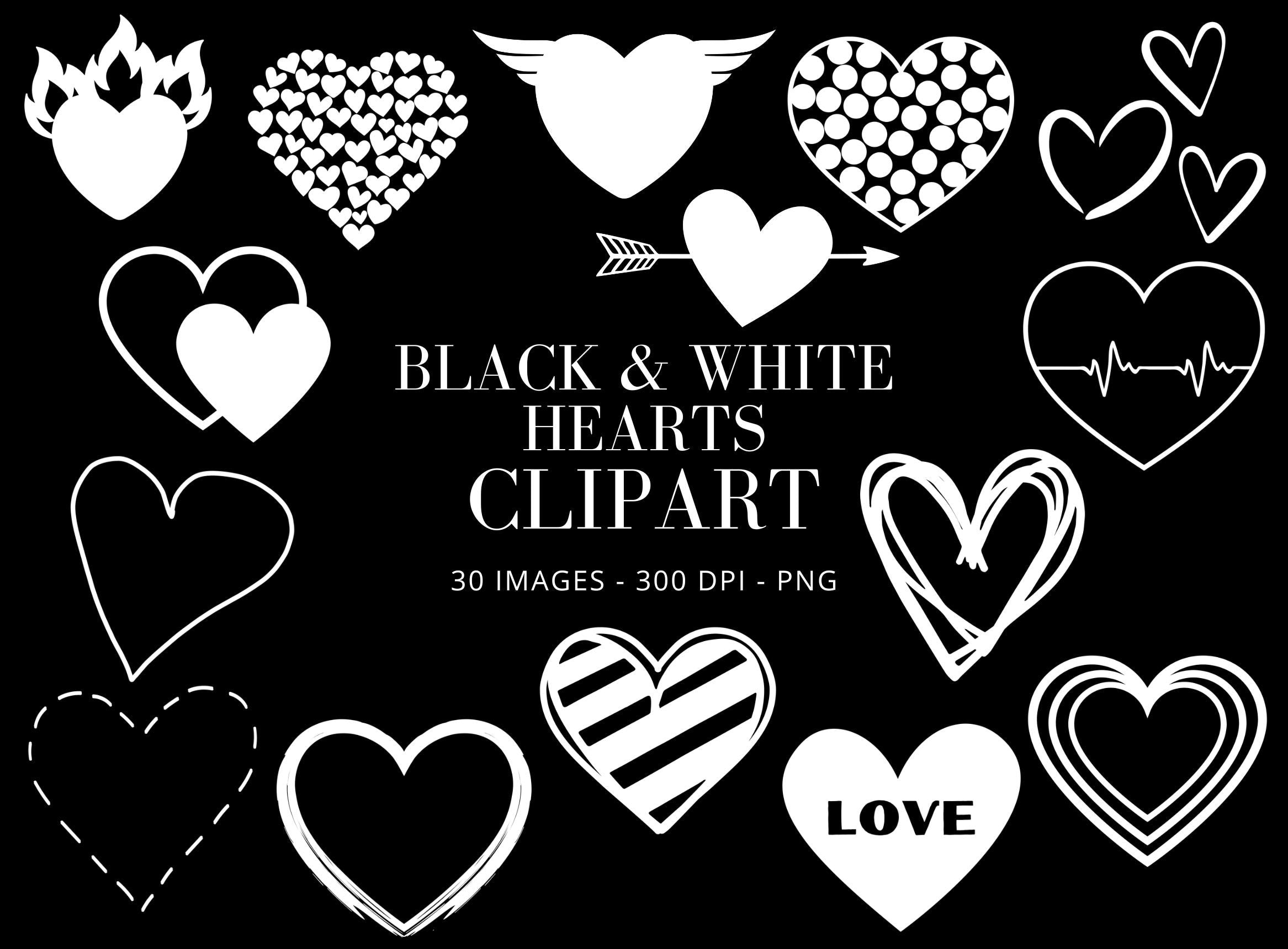 Hand Drawn Heart Clipart: Black and White PNG Bundle (Digital Download)