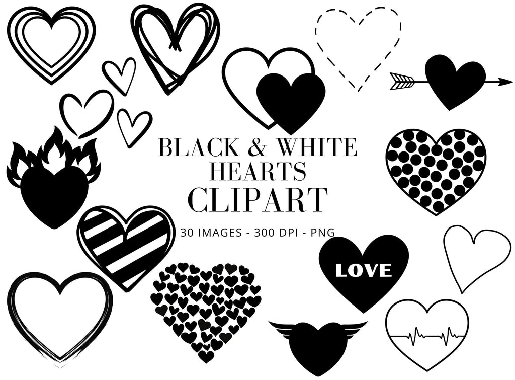 Hand Drawn Heart Clipart: Black and White PNG Bundle (Digital Download)