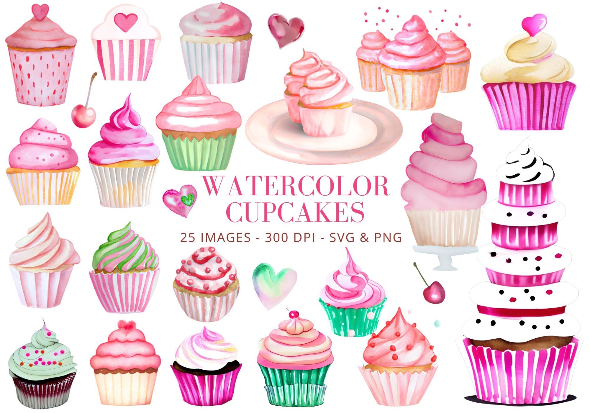 Watercolor Cupcake Clipart: Pink & Mint Dessert PNG Bundle (Digital Download)