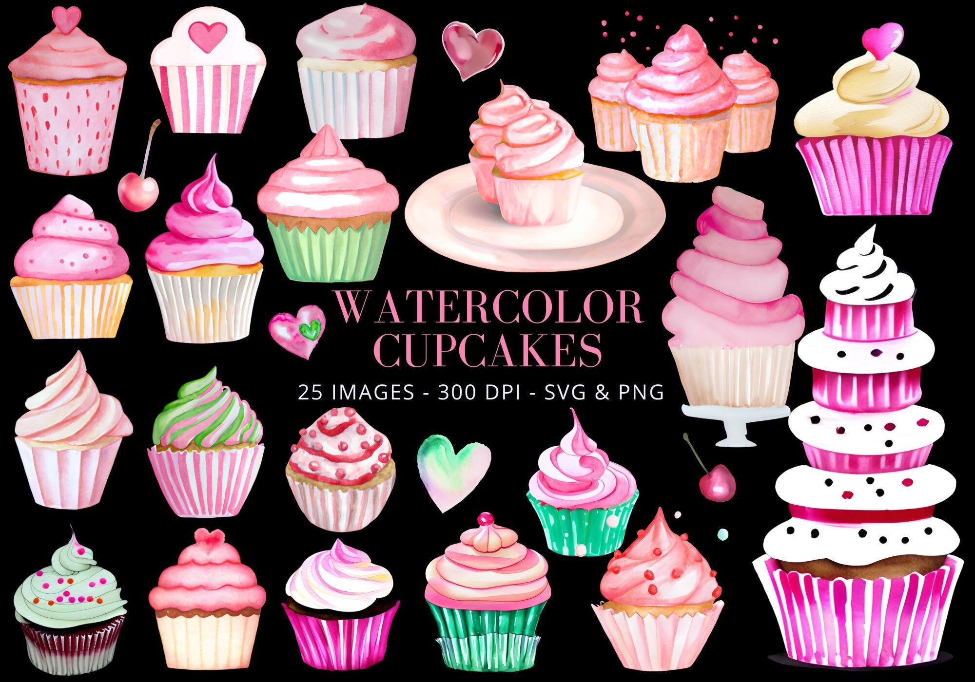 Watercolor Cupcake Clipart: Pink & Mint Dessert PNG Bundle (Digital Download)