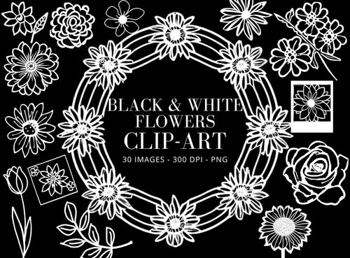 Black and White Flower Clipart Bundle: Hand-Drawn PNG Designs (Digital Download)