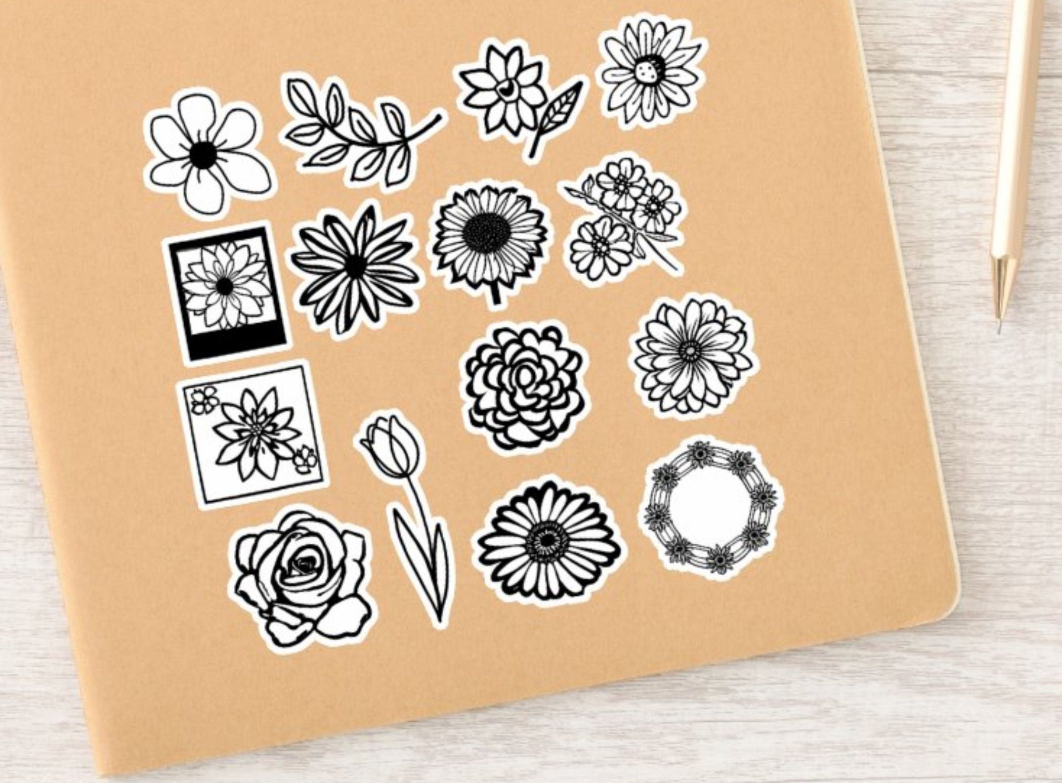 Black and White Flower Clipart Bundle: Hand-Drawn PNG Designs (Digital Download)