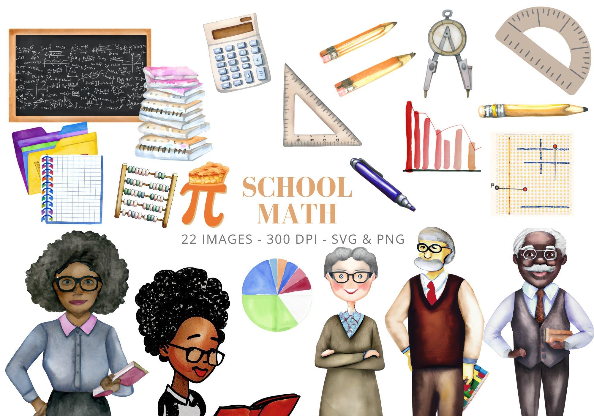 Watercolor Math Clipart: School Teachers & Math Tools (PNG Digital Download)
