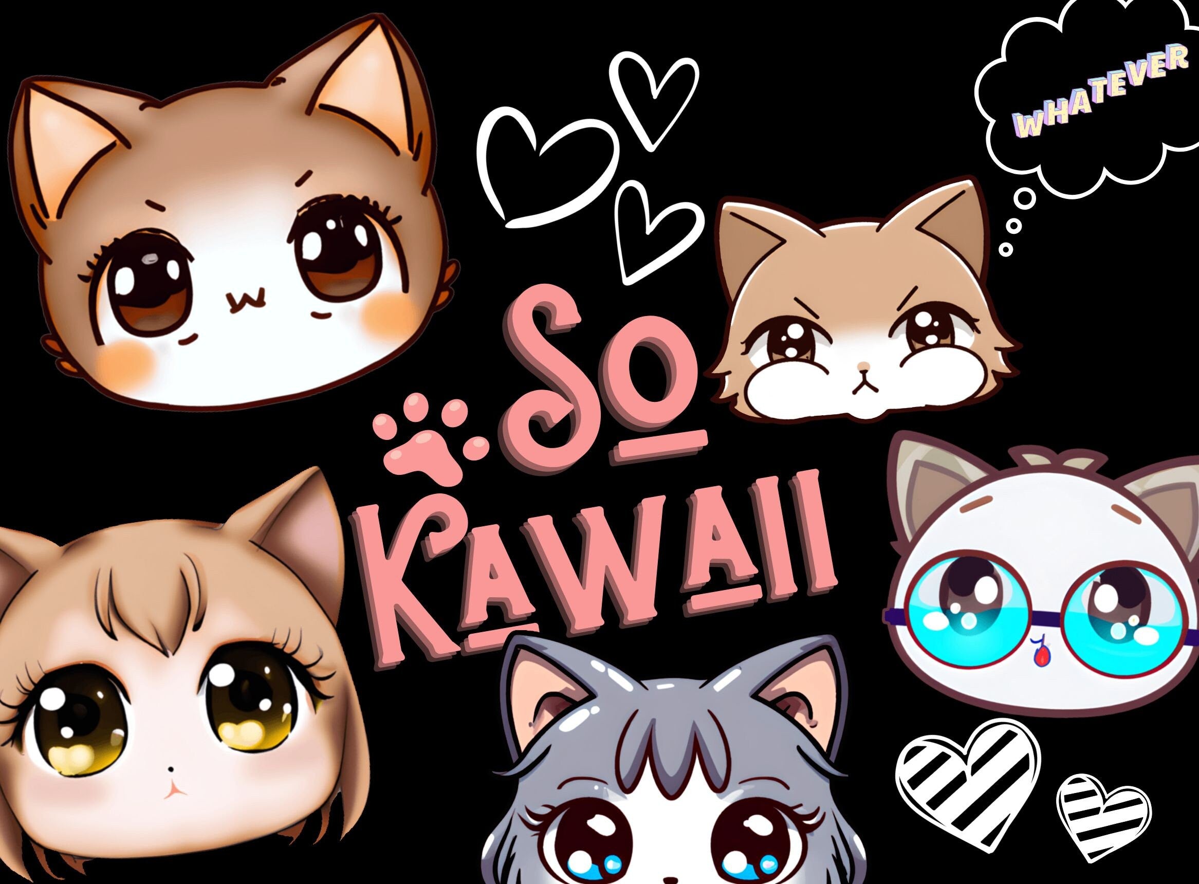Kawaii Cat Face Clipart Bundle, PNG SVG Designs (Digital Download)