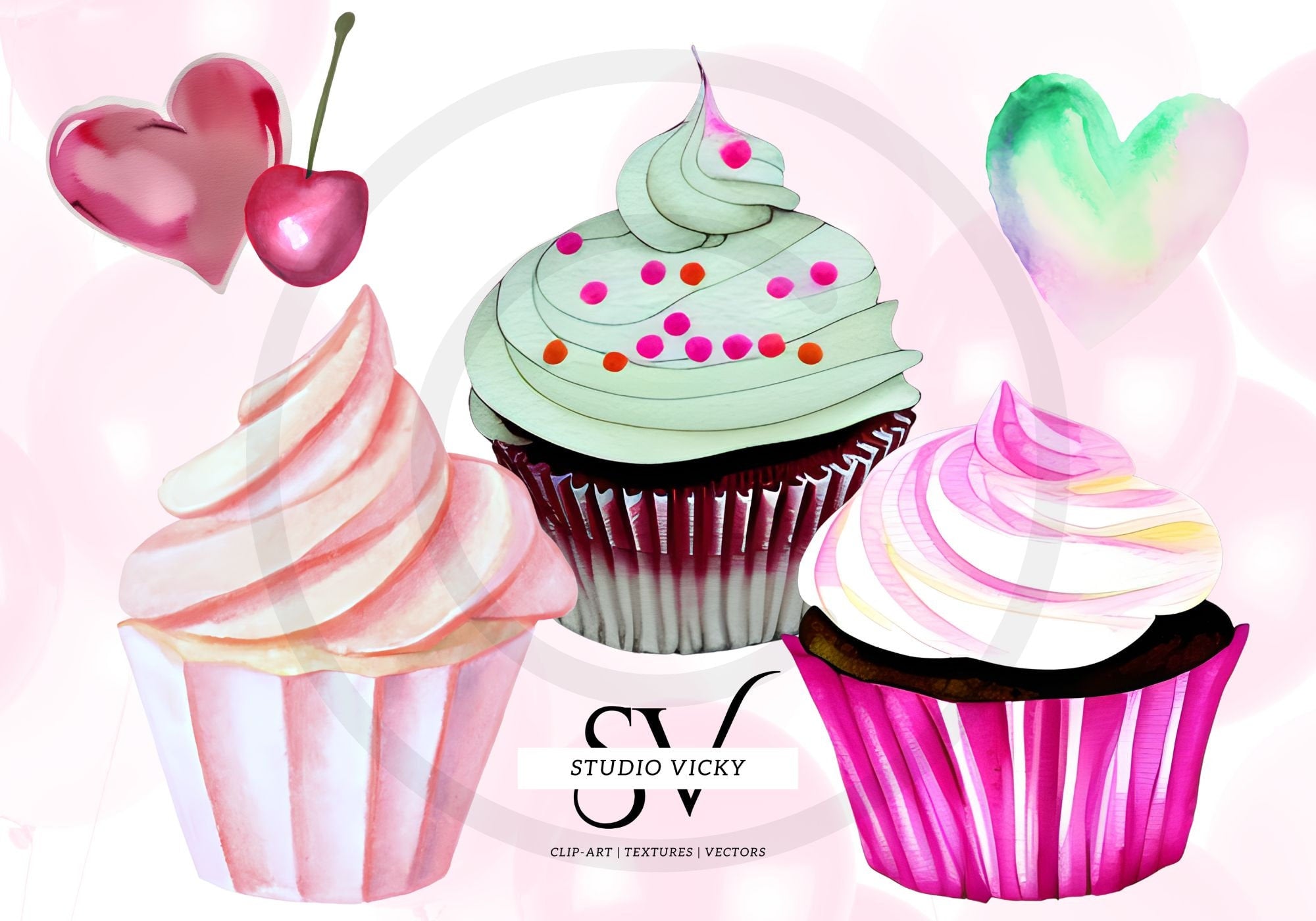 Watercolor Cupcake Clipart: Pink & Mint Dessert PNG Bundle (Digital Download)