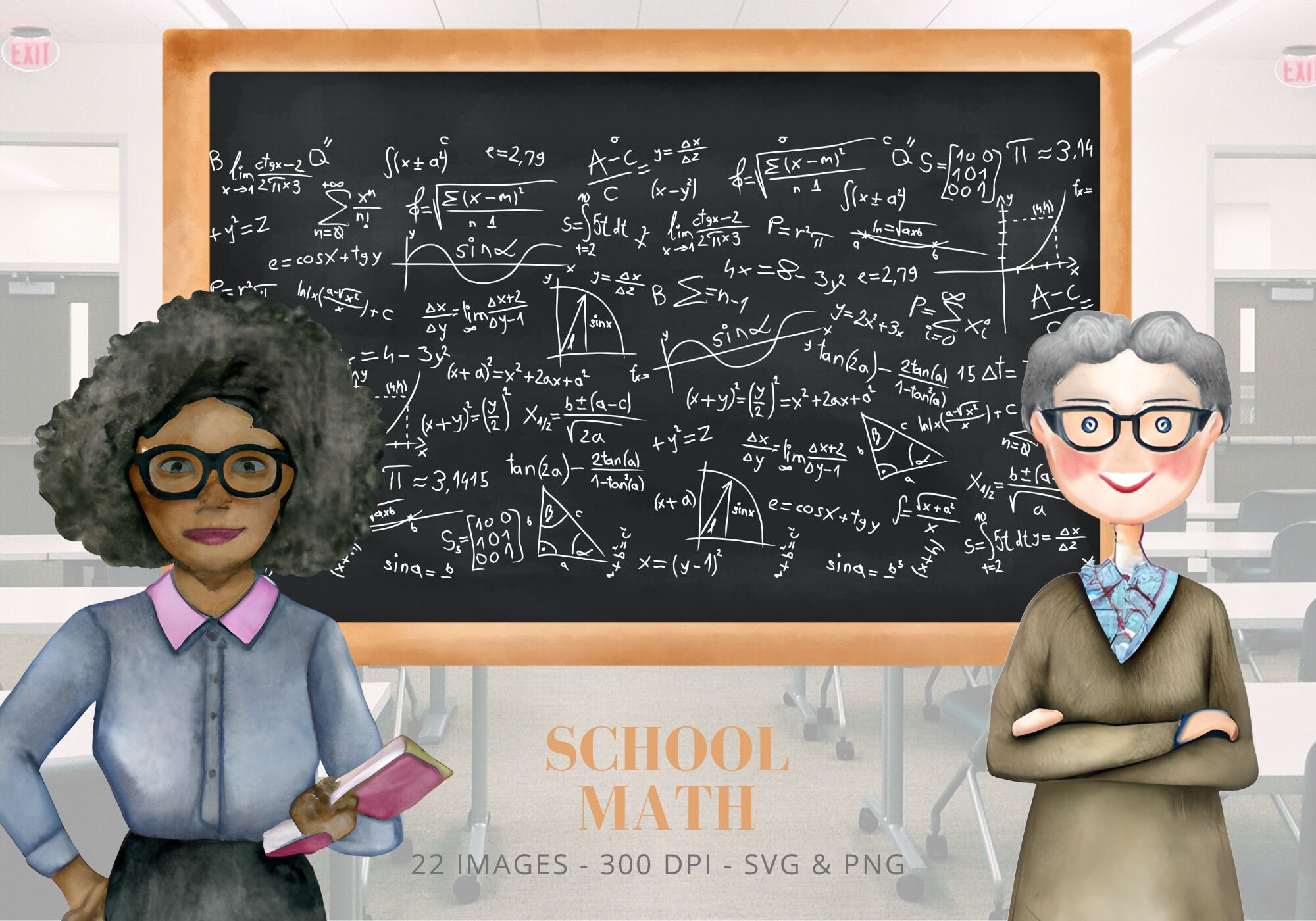 Watercolor Math Clipart: School Teachers & Math Tools (PNG Digital Download)
