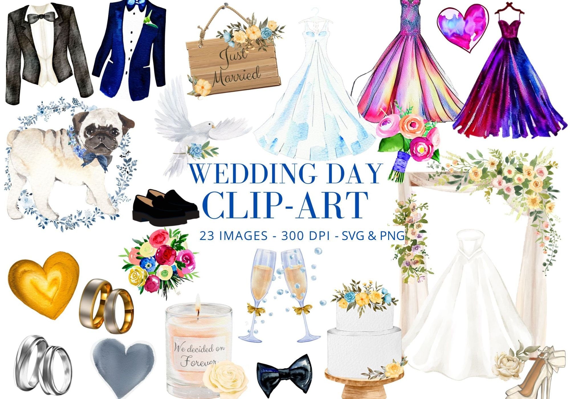 Wedding Clipart: Bridal Dress, Tuxedo, Cake (SVG & PNG Digital Download)