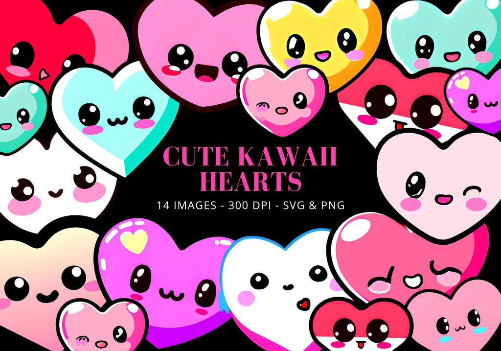 Kawaii Hearts Clipart, Emoji PNG Bundle (Digital Download