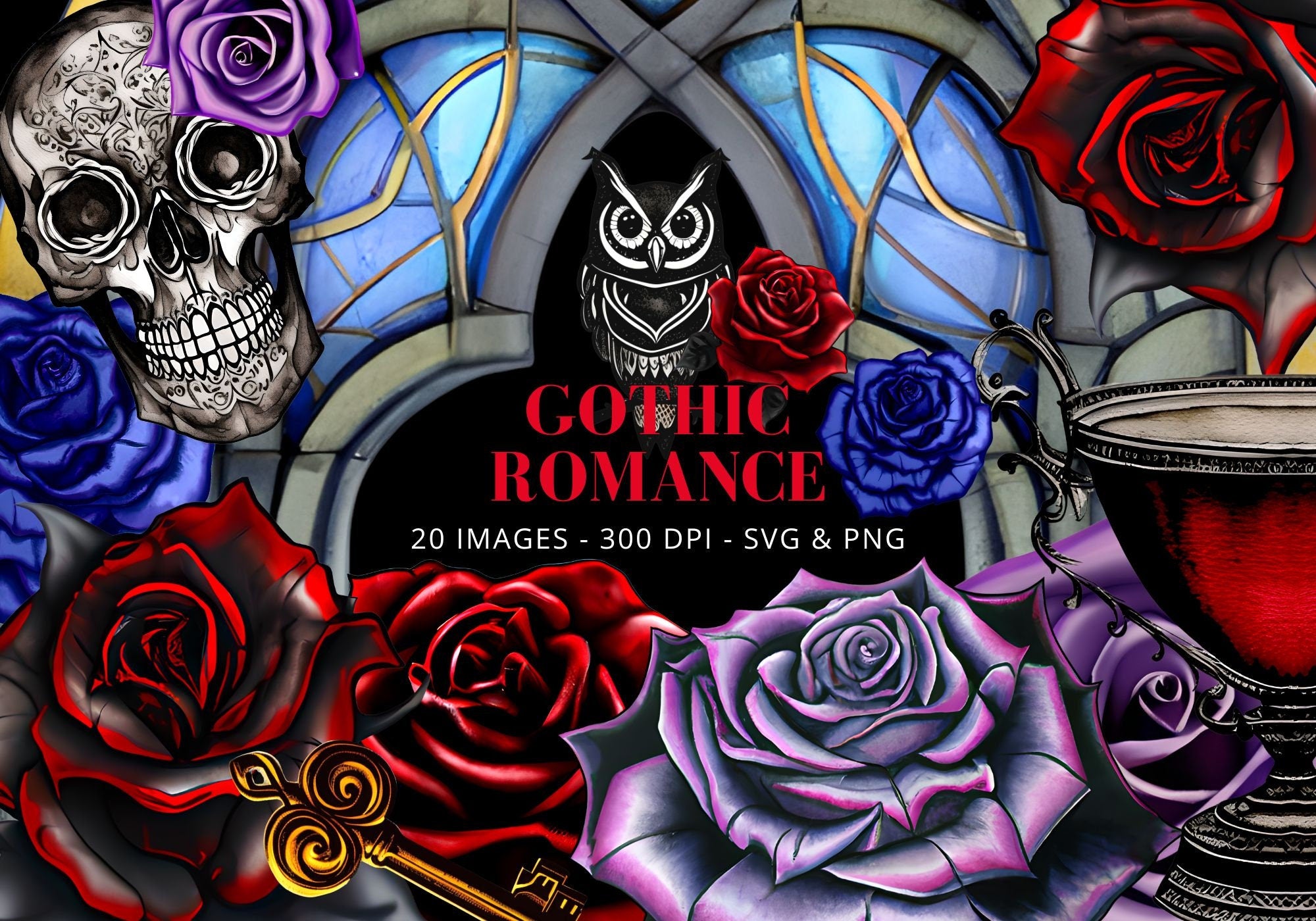 Gothic Romance Clipart Bundle: Skulls, Roses, Keys (SVG & PNG)