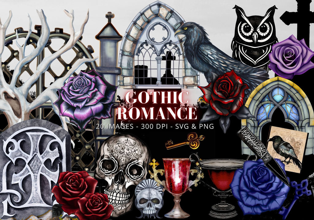 Gothic Romance Clipart Bundle: Skulls, Roses, Keys (SVG & PNG)