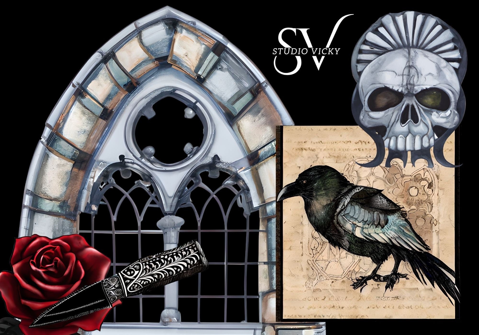 Gothic Romance Clipart Bundle: Skulls, Roses, Keys (SVG & PNG)