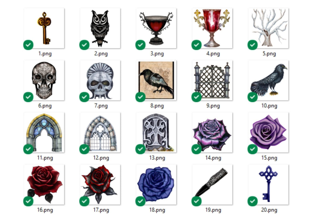 Gothic Romance Clipart Bundle: Skulls, Roses, Keys (SVG & PNG)