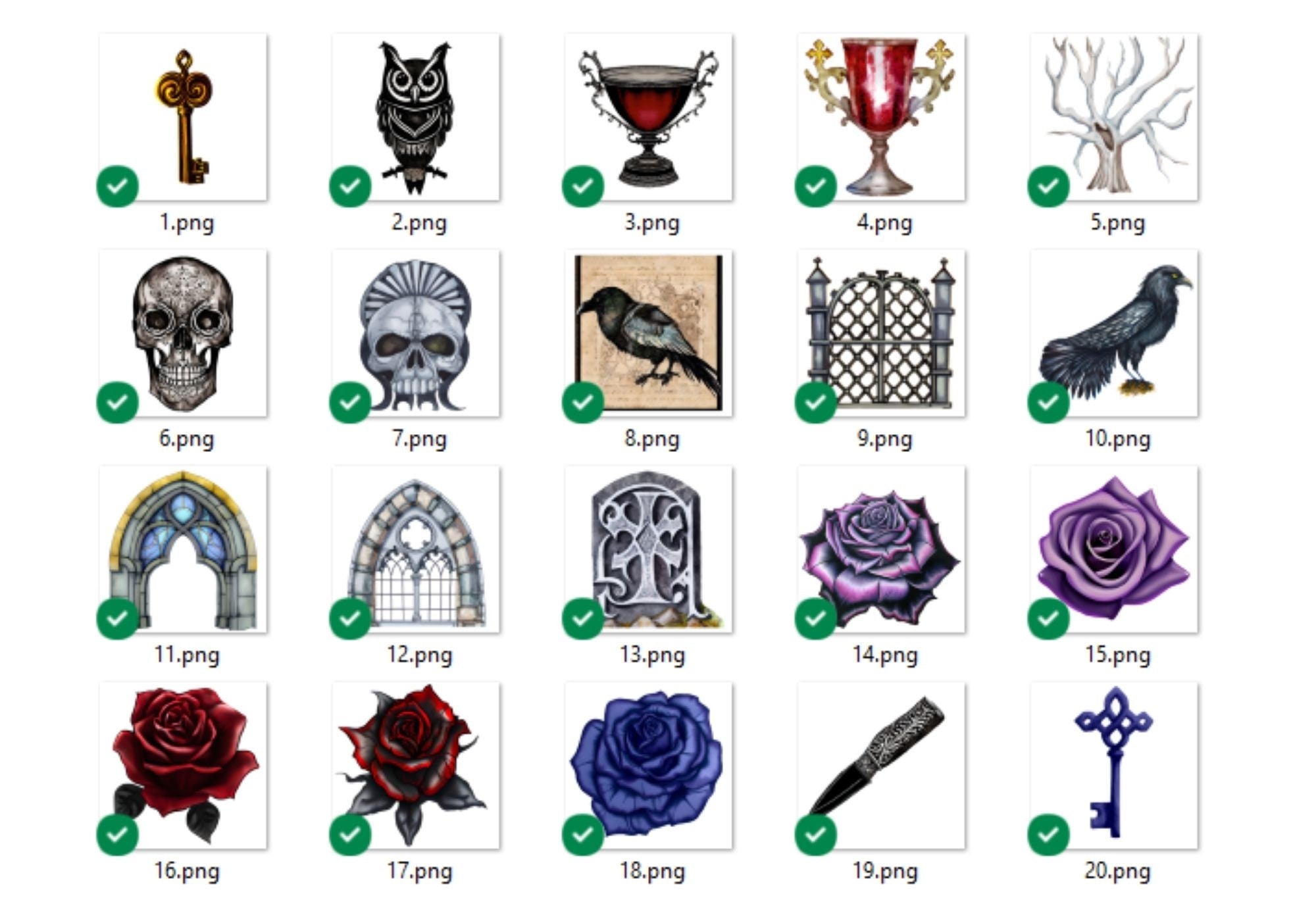 Gothic Romance Clipart Bundle: Skulls, Roses, Keys (SVG & PNG)