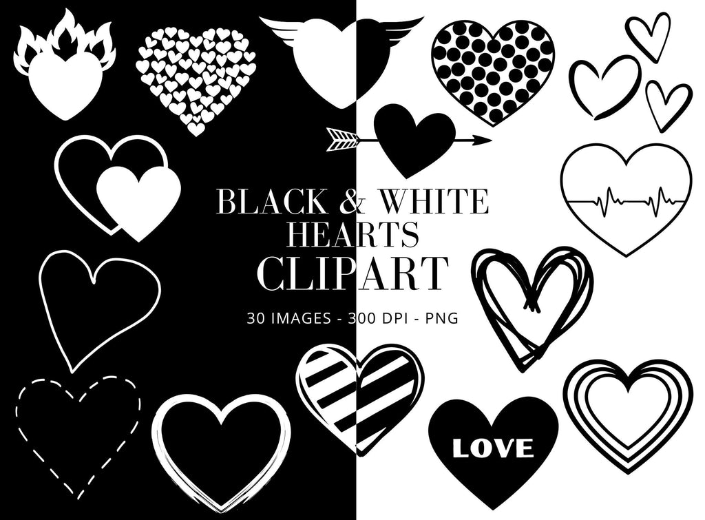 Hand Drawn Heart Clipart: Black and White PNG Bundle (Digital Download)