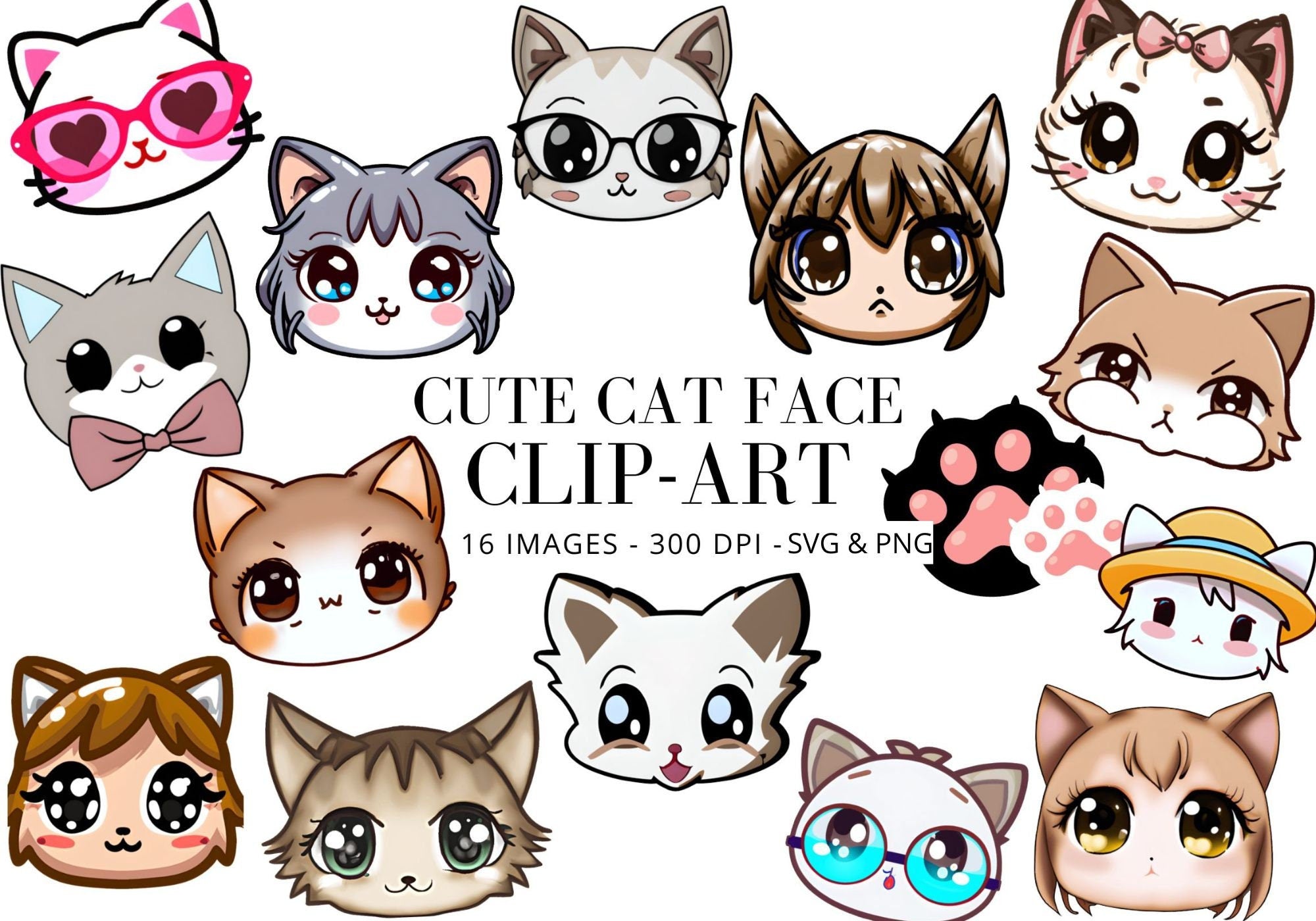 Kawaii Cat Face Clipart Bundle, PNG SVG Designs (Digital Download)