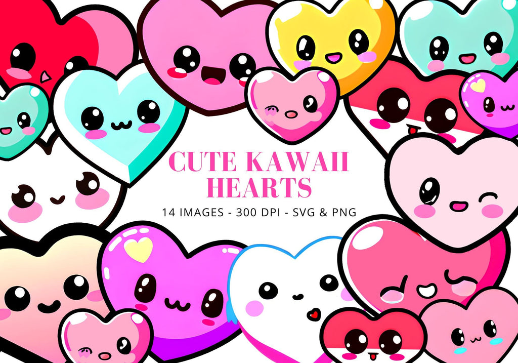 Kawaii Hearts Clipart, Emoji PNG Bundle (Digital Download