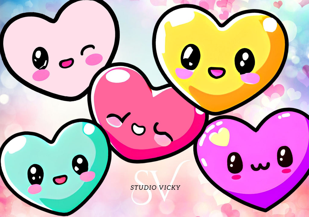 Kawaii Hearts Clipart, Emoji PNG Bundle (Digital Download