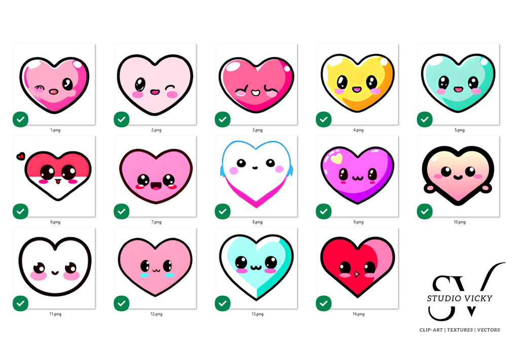 Kawaii Hearts Clipart, Emoji PNG Bundle (Digital Download