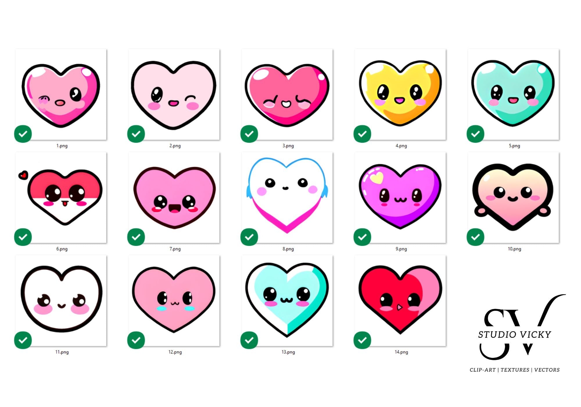 Kawaii Hearts Clipart, Emoji PNG Bundle (Digital Download