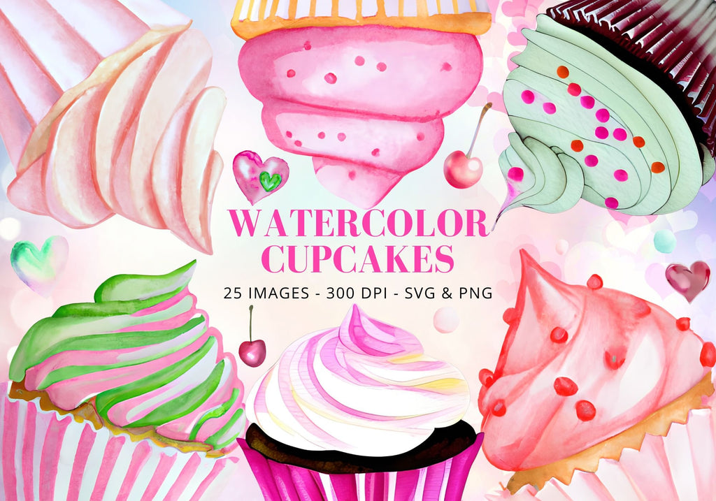 Watercolor Cupcake Clipart: Pink & Mint Dessert PNG Bundle (Digital Download)