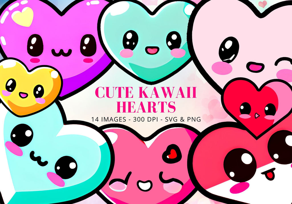 Kawaii Hearts Clipart, Emoji PNG Bundle (Digital Download