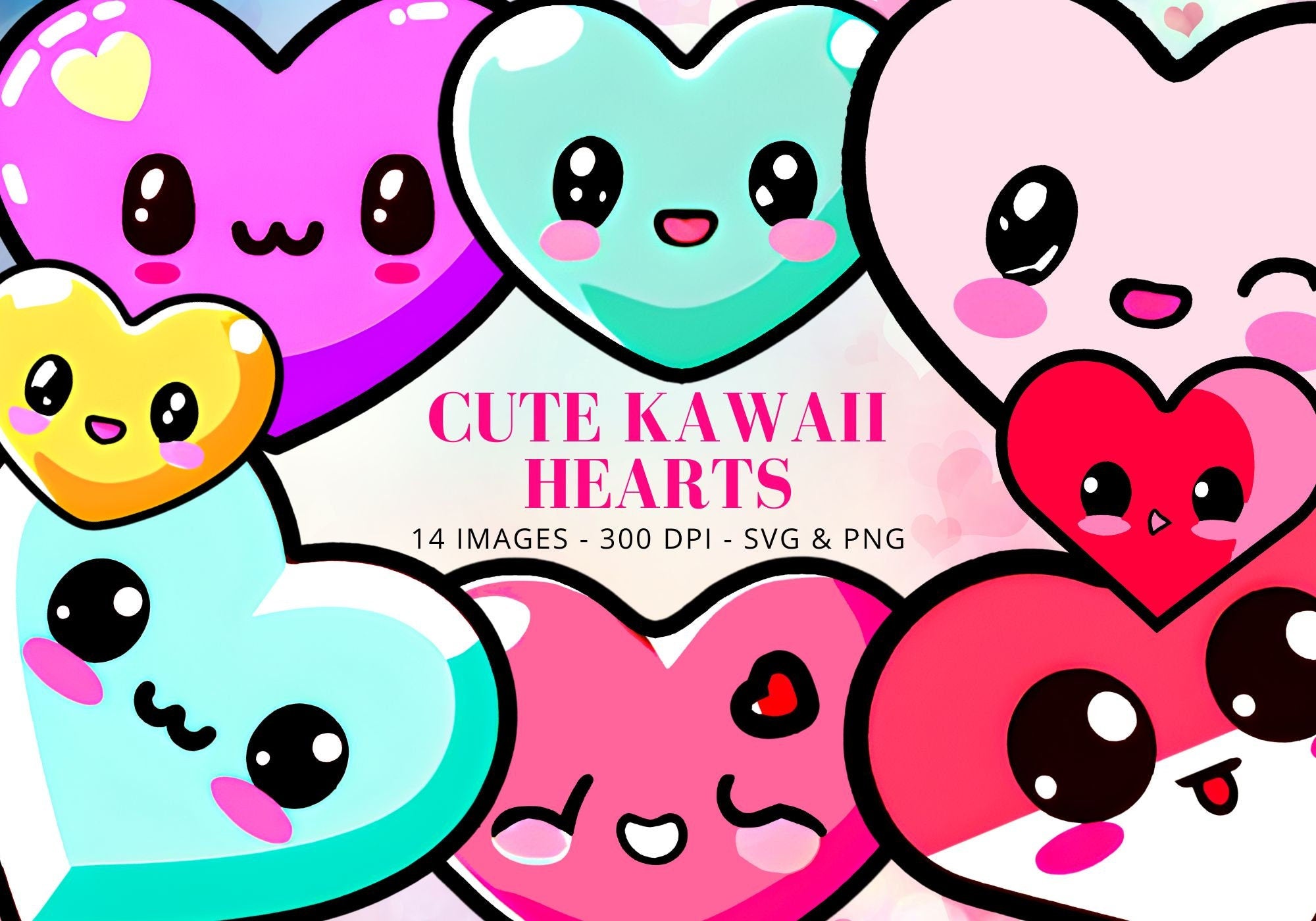 Kawaii Hearts Clipart, Emoji PNG Bundle (Digital Download