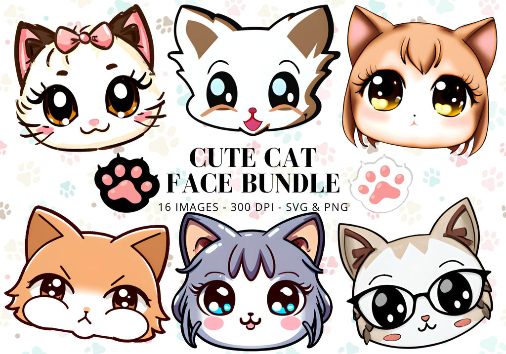 Kawaii Cat Face Clipart Bundle, PNG SVG Designs (Digital Download)