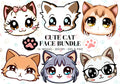 Kawaii Cat Face Clipart Bundle, PNG SVG Designs (Digital Download)