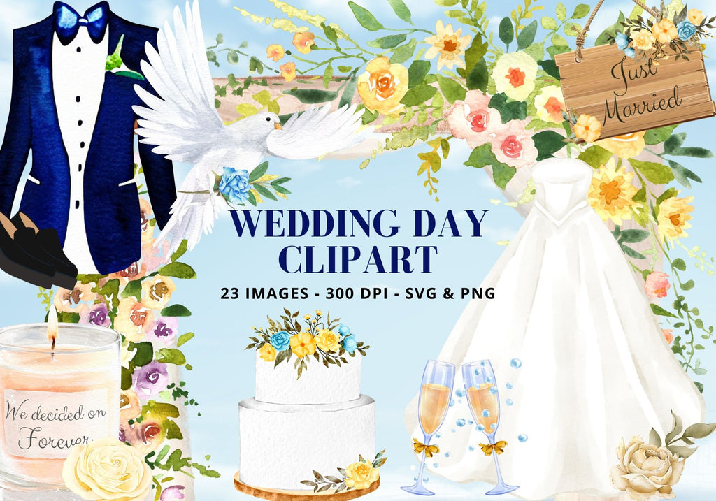 Wedding Clipart: Bridal Dress, Tuxedo, Cake (SVG & PNG Digital Download)