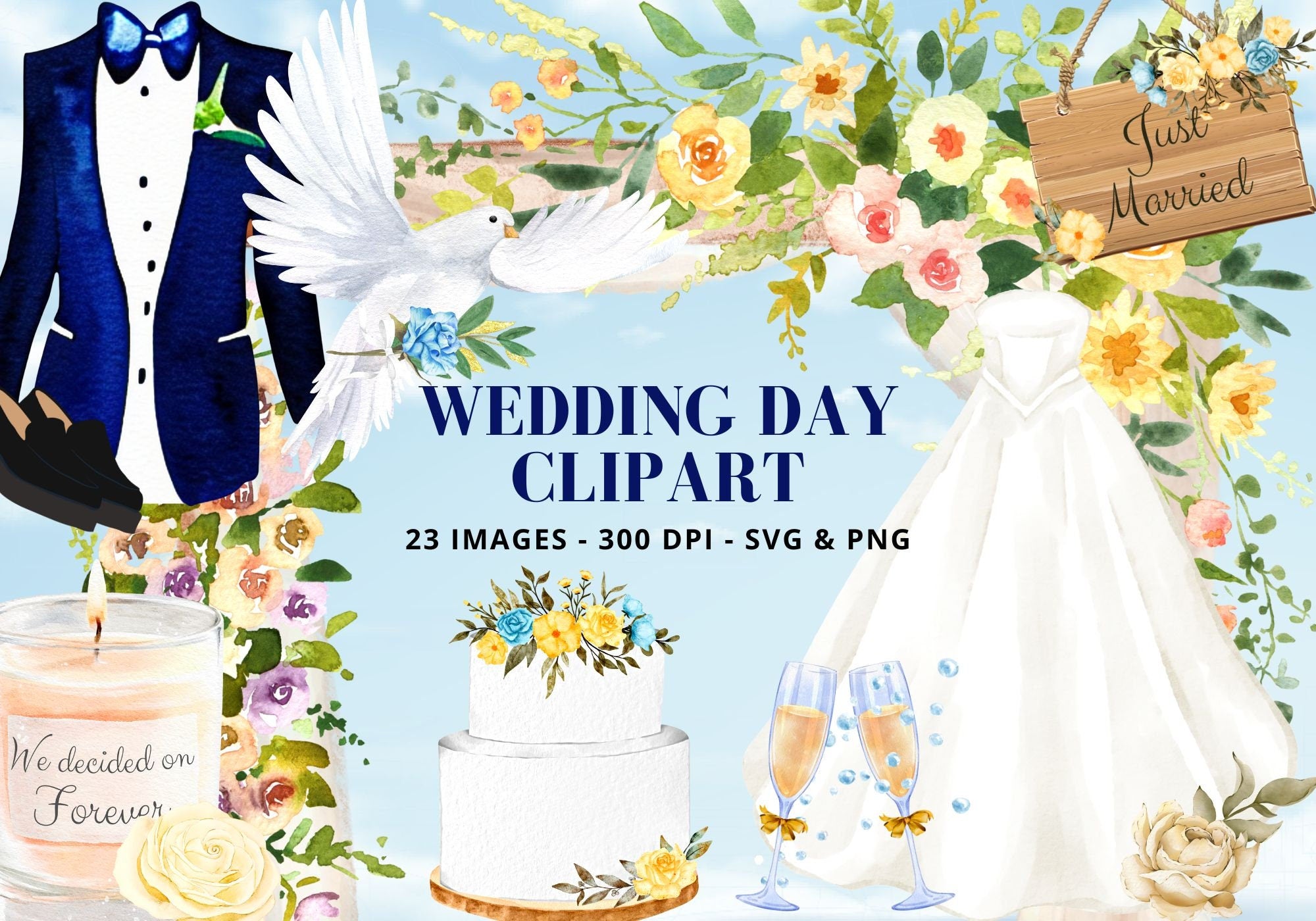 Wedding Clipart: Bridal Dress, Tuxedo, Cake (SVG & PNG Digital Download)