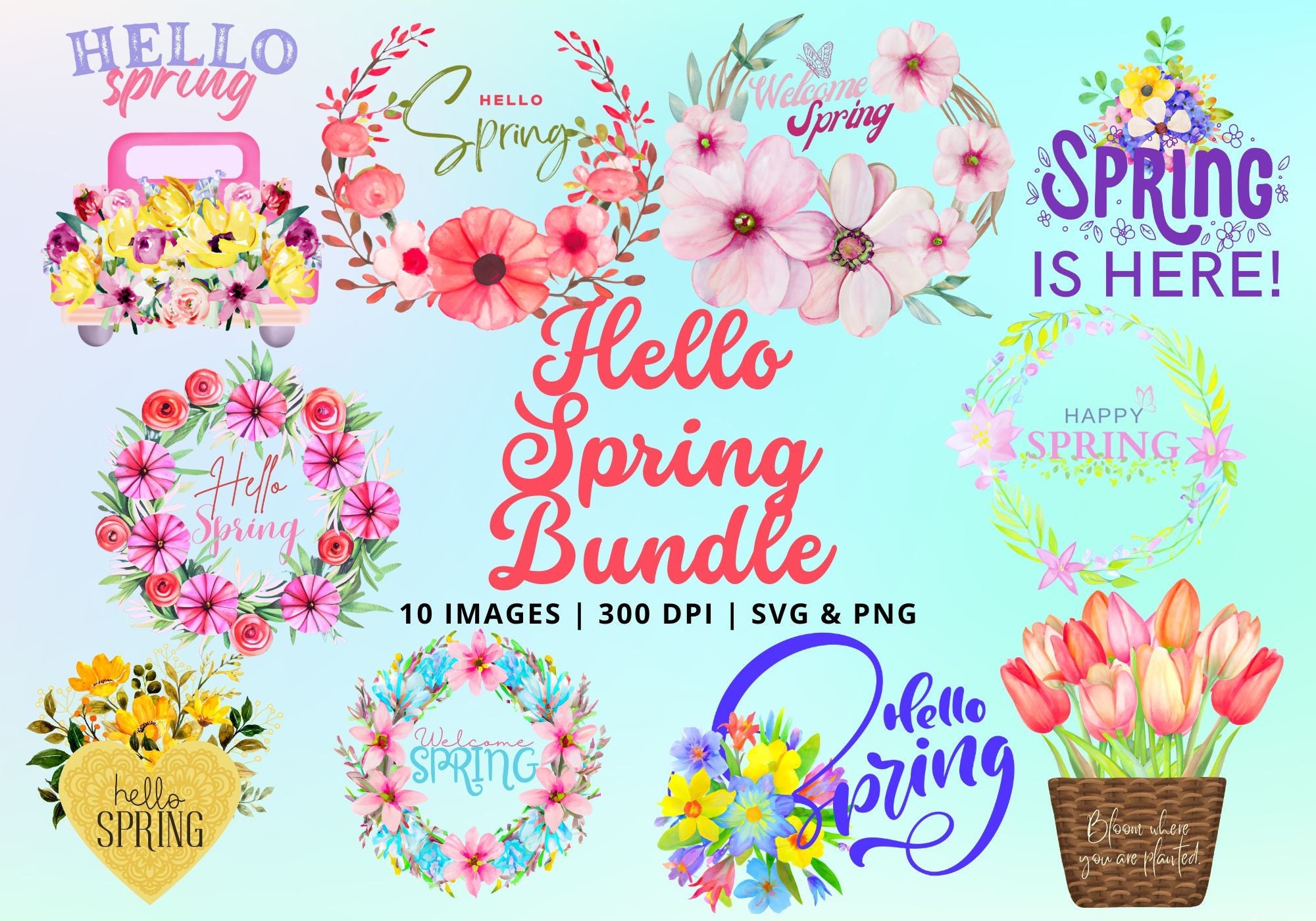 Hello Spring Clipart Bundle: Watercolor Floral PNG Designs (SVG & PNG)