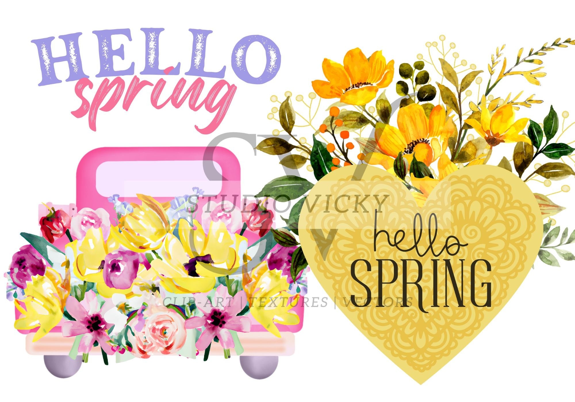 Hello Spring Clipart Bundle: Watercolor Floral PNG Designs (SVG & PNG)