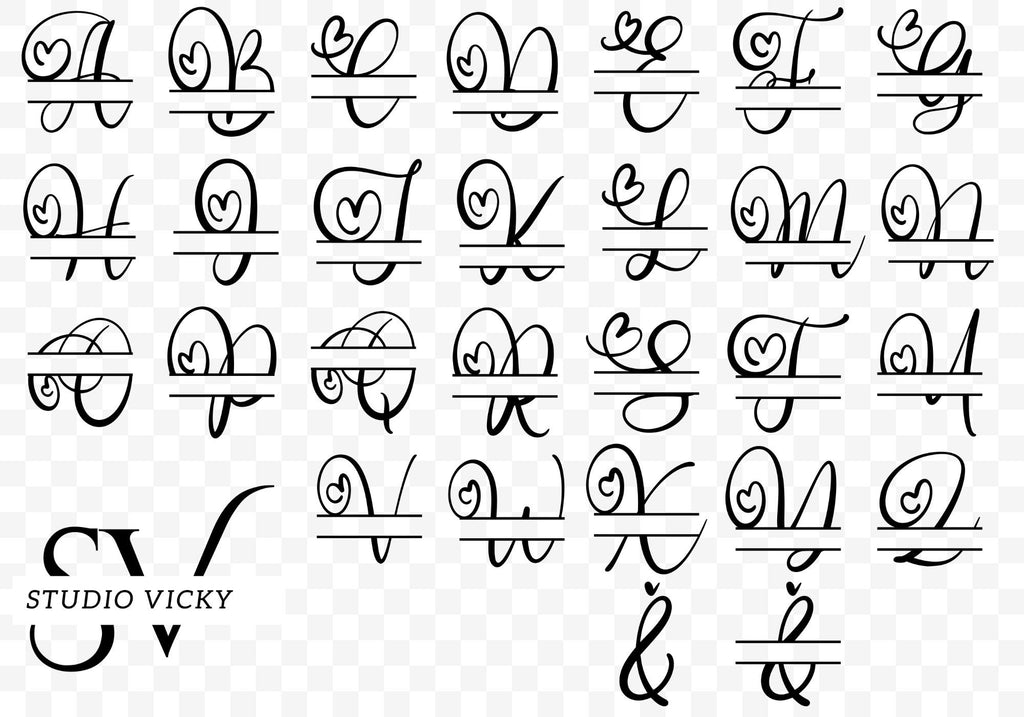 Hearts Split Monogram Alphabet, 26 Letters (svg, png, pdf, jpg)