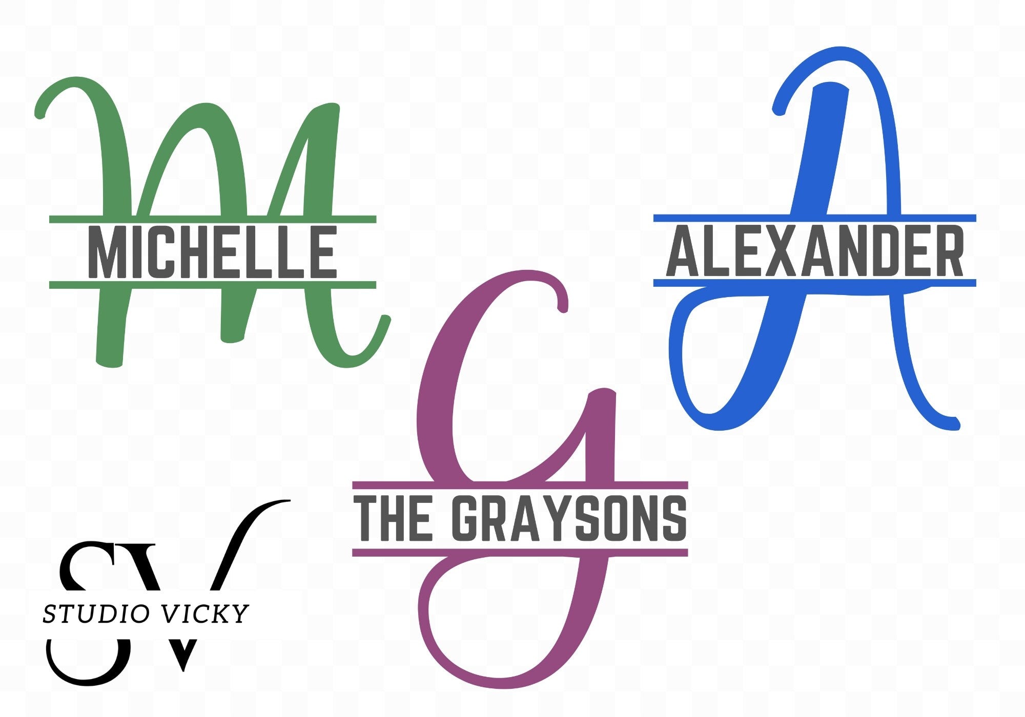 Split Letter Monogram Alphabet: 28 PNG, JPG, & PDF Designs (Digital Download)