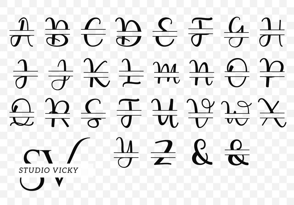 Split Letter Monogram Alphabet: 28 PNG, JPG, & PDF Designs (Digital Download)