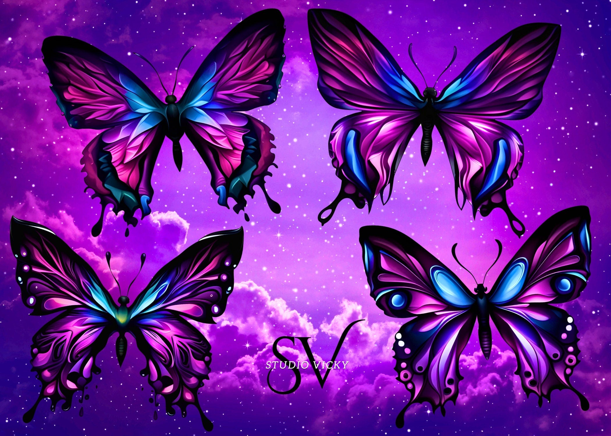 Fantasy Butterfly Graphics Bundle: Purple & Blue PNG Clipart