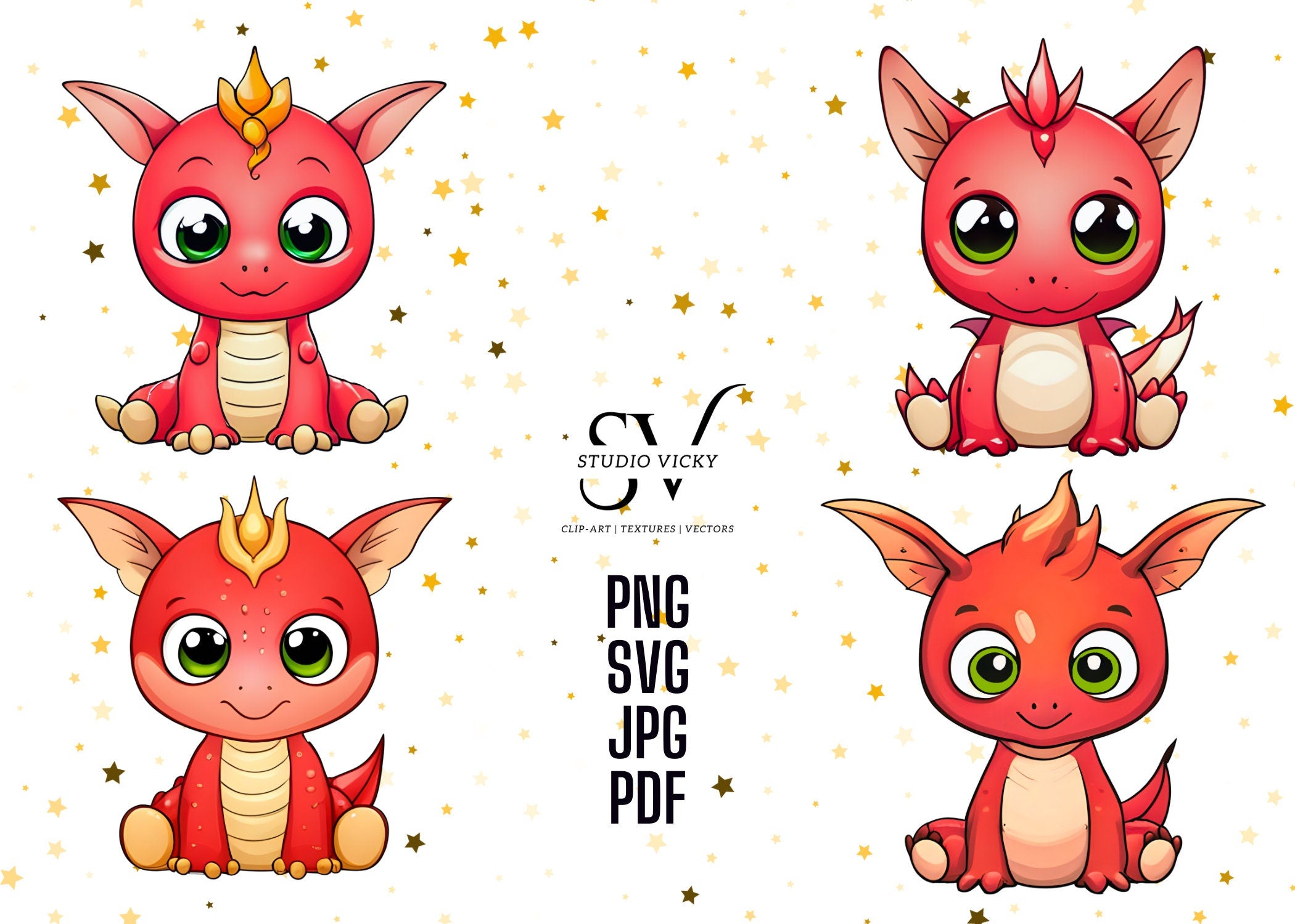Kawaii Red Baby Dragon Clipart Bundle (png, svg, pdf, jpg)