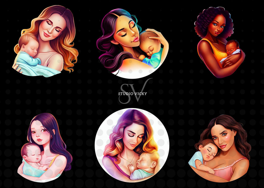 Mother and Child Clipart Bundle, Ethnic Mom & Baby PNG SVG JPG