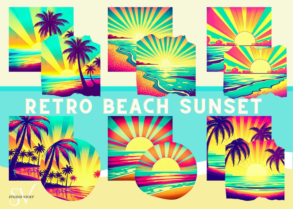 Retro Beach Sunset Clipart Bundle (png, svg, pdf, jpg)